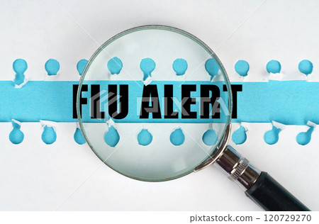 Between two sheets from a notebook on a blue stripe with the inscription - Flu alert, there is a magnifying glass Between two sheets from a notebook on a blue stripe with the inscription - Flu alert, there is a magnifying glass 120729270