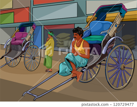 Indian rickshaw puller sitting on his rickshaw and waiting for passengers 120729477