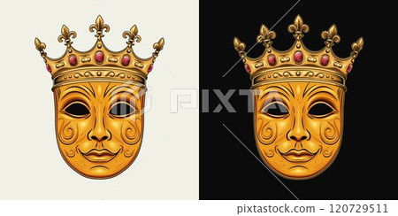 Carnival golden luxury venetian face mask with crown with red gemstones ruby, fleur de lis sign on points. Detailed illustration in vintage style. Front view. Carnival golden luxury venetian face mask with crown with red gemstones ruby, fleur de lis sign on points. Detailed illustration in vintage style. Front view. 120729511