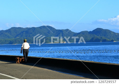 一個人和他的狗沿著海邊散步 120729557