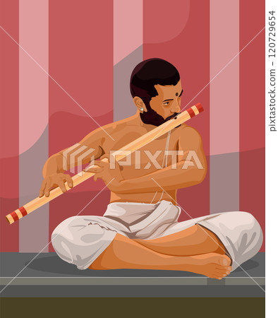Decorated Ox, Indian folk man with decorated Ox playing musical instrument Decorated Ox, Indian folk man with decorated Ox playing musical instrument 120729654