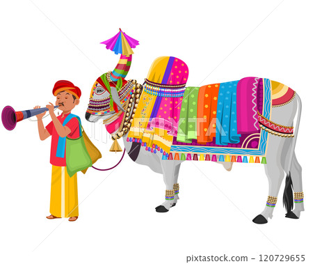 Decorated Ox, Indian folk man with decorated Ox playing musical instrument Decorated Ox, Indian folk man with decorated Ox playing musical instrument 120729655