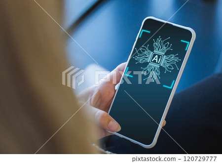 Smartphone with AI connection network data, business information development, technology digital future. Artificial Intelligence concept. 120729777