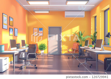 3D animation of modern office interior with flat design elements, desks and chairs, minimalist style 120729941