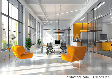 Office space with flat design furniture, 3D animation, clean lines and bright colors 120729944