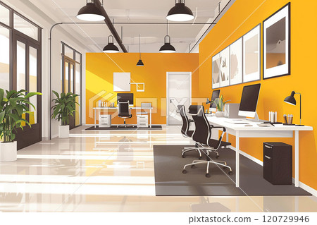 Office space with flat design furniture, 3D animation, clean lines and bright colors 120729946