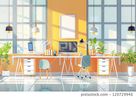 Office space with flat design furniture, 3D animation, clean lines and bright colors 120729948