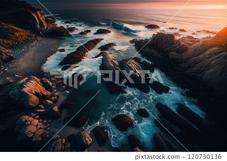 Sea rocky reefs shore with blue waves, top down aerial view 120730136
