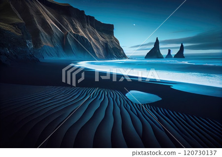 Mysterious black sand beach and mountains. Twilight. Reefs in the water. 120730137