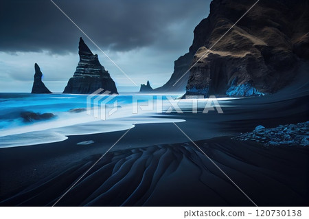 Mysterious black sand beach and mountains. Twilight. Reefs in the water. 120730138