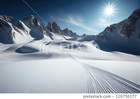 Ski slope with mountains on sunny day 120730177