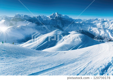 Ski slope with mountains on sunny day 120730178