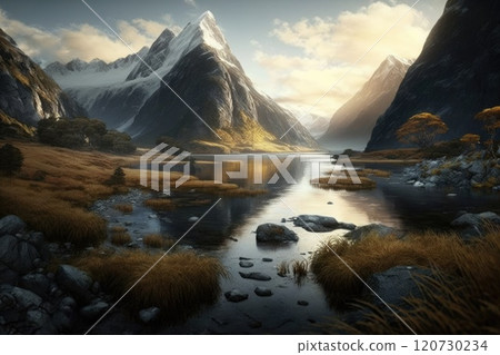 Northern nature. Beautiful valley and a river. Magnificent mountains in the background. Snow peaks. 120730234