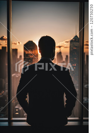 Back View of the Businessman in His Office Looking out of the Window 120730250