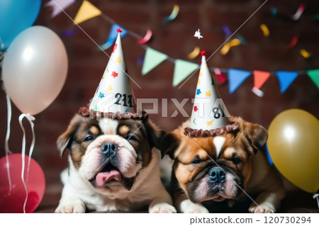 Adorable puppies. Pets in a triangular festive hats. Generative Ai. 120730294