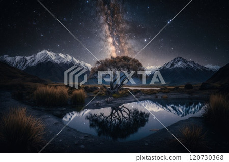 valley with a river at night. Magnificent mountains in the background. Impressive landscape. Generative Ai valley with a river at night. Magnificent mountains in the background. Impressive landscape. Generative Ai 120730368