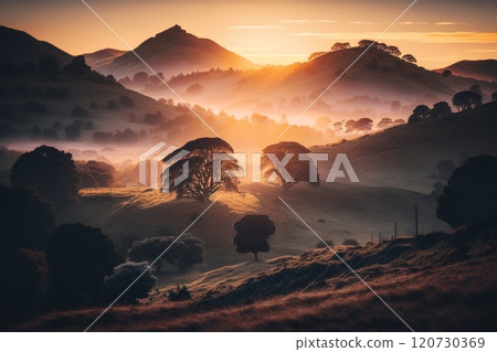 Foggy valley and mountains. Impressive landscape. Generative Ai 120730369