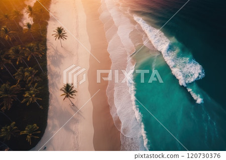 Tropical Jungle Coast. Aerial view of Exotic Costline, Beach and Rainforest. Generative Ai. 120730376