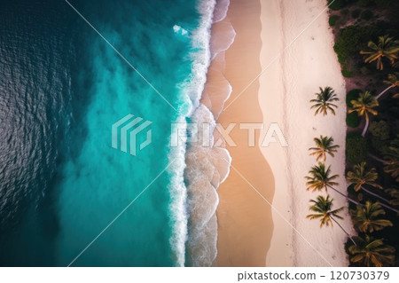 Tropical Jungle Coast. Aerial view of Exotic Costline, Beach and Rainforest. Generative Ai. 120730379