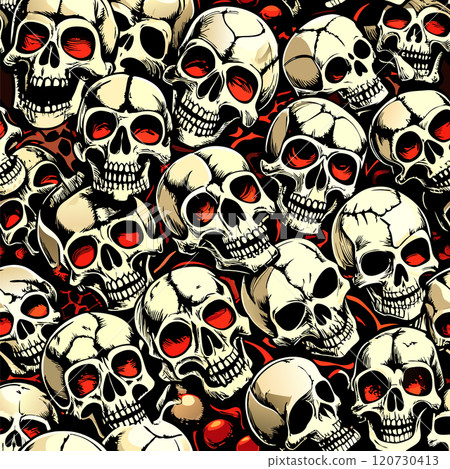 Grim Pile of Human Skulls with red eye sockets Set Against a Dark Backdrop 120730413