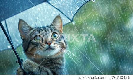 Cat with umbrella enjoys rainy day in the park 120730436