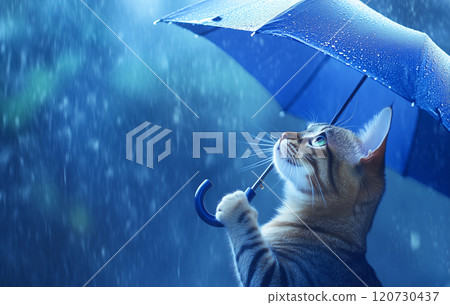 Cat holds umbrella under rain in a whimsical moment 120730437