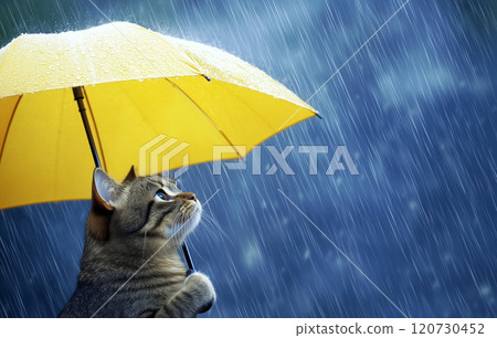 Cat with yellow umbrella during rainy weather 120730452