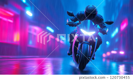 Rider speeds through neon-lit urban streets at night 120730455