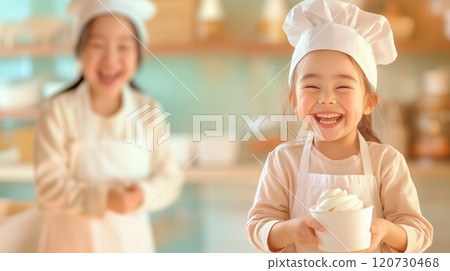 Children enjoying baking in a bright kitchen setting 120730468