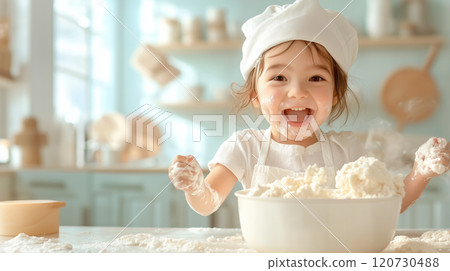 Happy child baking in a cozy kitchen during the day 120730488