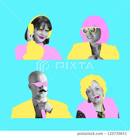 Contemporary art collage. Individuals in neon pink, yellow, and turquoise tones, showcasing bold artistic expressions and playful creativity. Contemporary art collage. Individuals in neon pink, yellow, and turquoise tones, showcasing bold artistic expressions and playful creativity. 120730651
