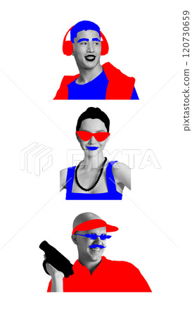 Contemporary art collage. Pop art design. Individuals with vibrant red and blue highlights, evoking youthful and energetic aesthetic. 120730659