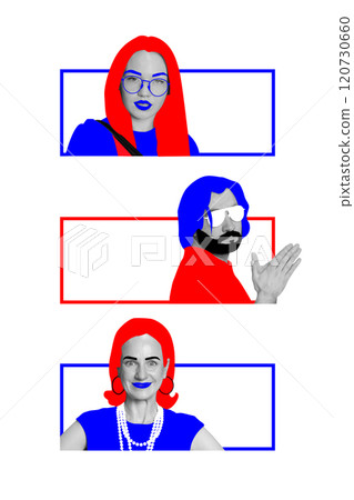 Contemporary art collage. Three individuals styled with bold red and blue accents, celebrating diversity and creativity. 120730660