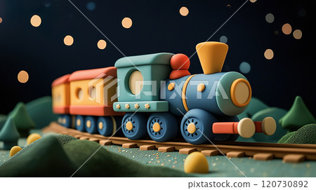 黏土風格的 3D 插圖展示了在童話般的夜間軌道上運行的彩色火車 120730892