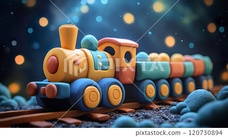 黏土風格的 3D 插圖展示了在童話般的夜間軌道上運行的彩色火車 120730894