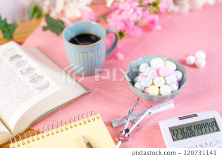Coffee and a mountain of Ramune are prepared along with study materials. 120731141