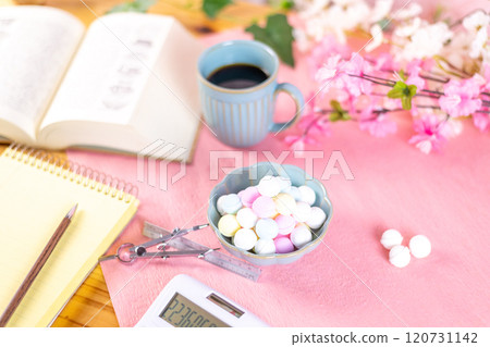 Coffee and a mountain of Ramune are prepared along with study materials. Coffee and a mountain of Ramune are prepared along with study materials. 120731142