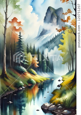 River in the forest. Watercolor. Imitation of painting. Stylized image. River in the forest. Watercolor. Imitation of painting. Stylized image. 120731207