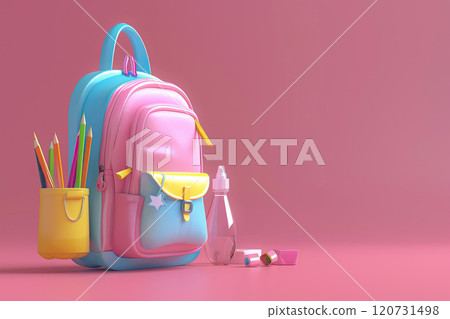 School bag, pencil case, water bottle in 3D animation, back to school background 120731498