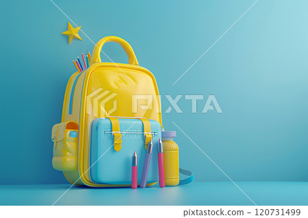 School bag, pencil case, water bottle in 3D animation, back to school background School bag, pencil case, water bottle in 3D animation, back to school background 120731499