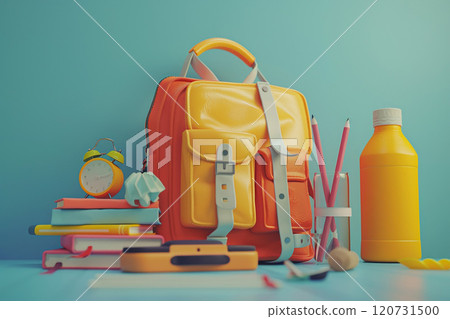 Back to school season background, 3D animation with school bag, pencil case, water bottle Back to school season background, 3D animation with school bag, pencil case, water bottle 120731500