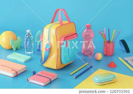 Back to school season background, 3D animation with school bag, pencil case, water bottle 120731501