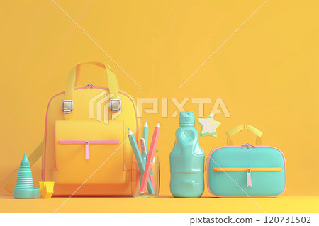 Back to school season background, 3D animation with school bag, pencil case, water bottle 120731502