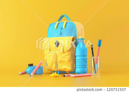 School bag, pencil case, water bottle, back to school season theme, 3D animation School bag, pencil case, water bottle, back to school season theme, 3D animation 120731507