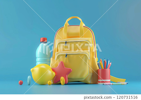 Back to school season, 3D animation of school bag, pencil case, water bottle 120731516
