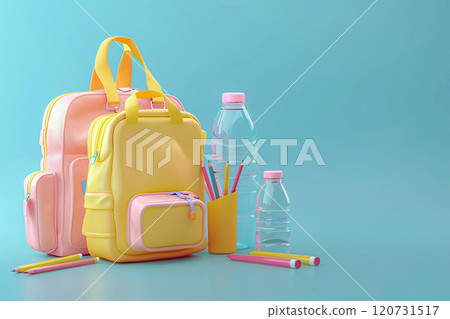 Back to school season, 3D animation of school bag, pencil case, water bottle Back to school season, 3D animation of school bag, pencil case, water bottle 120731517