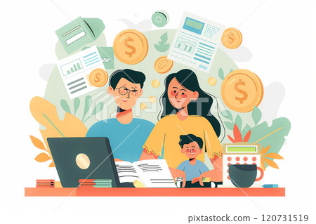 Family financial planning, couple managing income and expenses, flat vector illustration 120731519