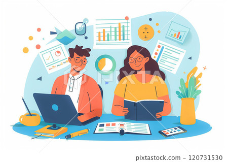 Budgeting and expense tracking, couple managing finances, flat vector illustration 120731530