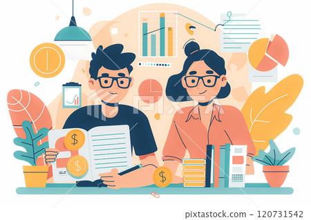 Budget planning for personal finances, couple managing income, flat vector illustration 120731542