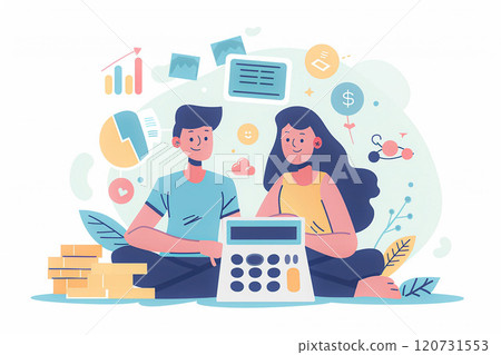 Couples calculating family budget, personal finance concept, flat vector illustration 120731553